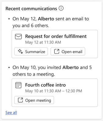 Screenshot of the Recent communications card.