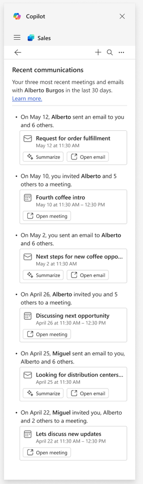 Recent communications, with up to 3 most recent email threads and Teams meetings in the last 30 days shown when selecting “See all.”