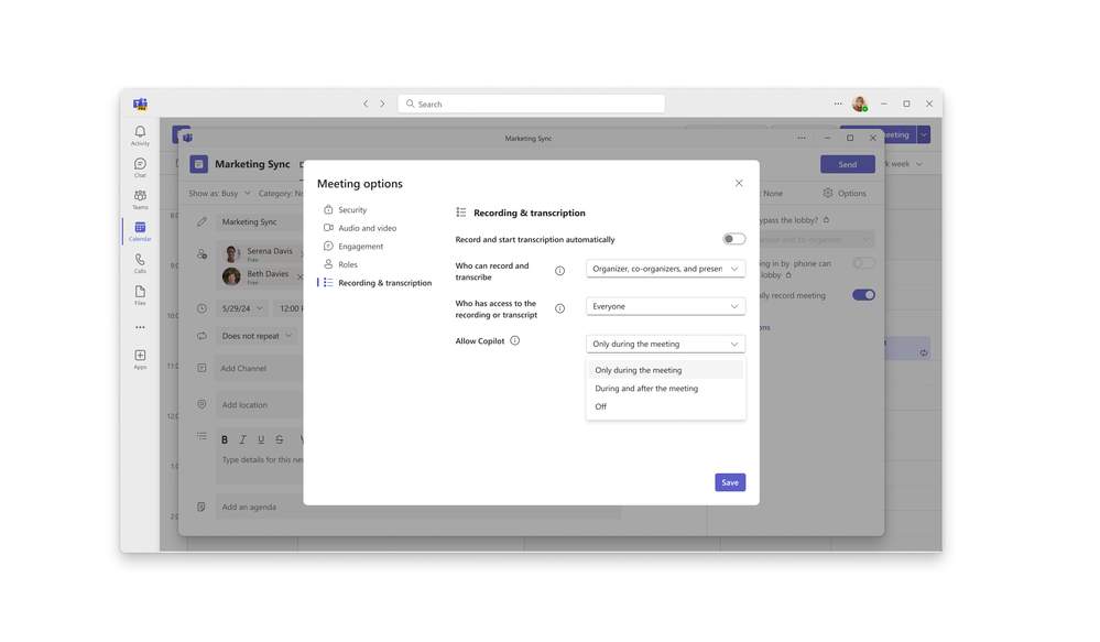 A computer screenshot showing Microsoft Teams option to adjust Recording & transcription.