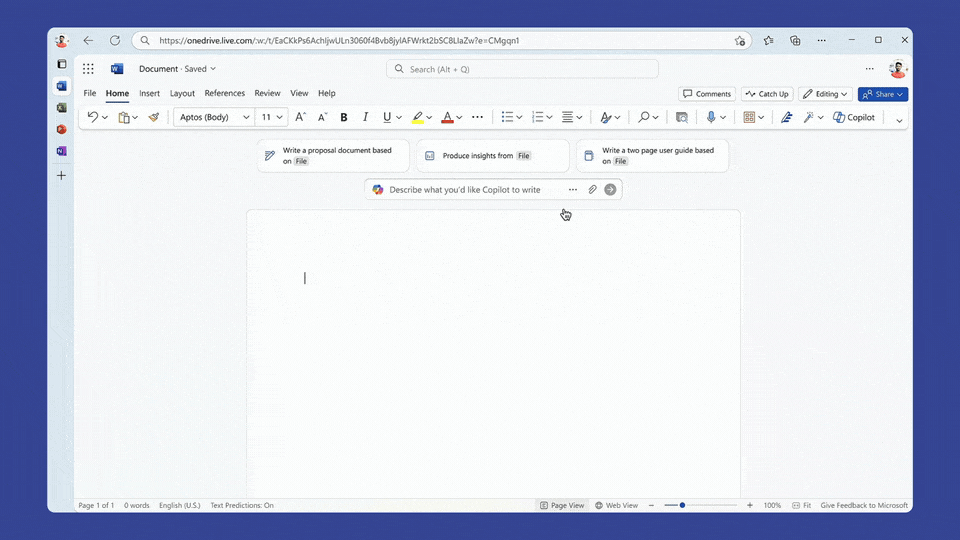 See one-click examples and a more visible prompt box when you’re starting with a blank doc with Copilot in Word.