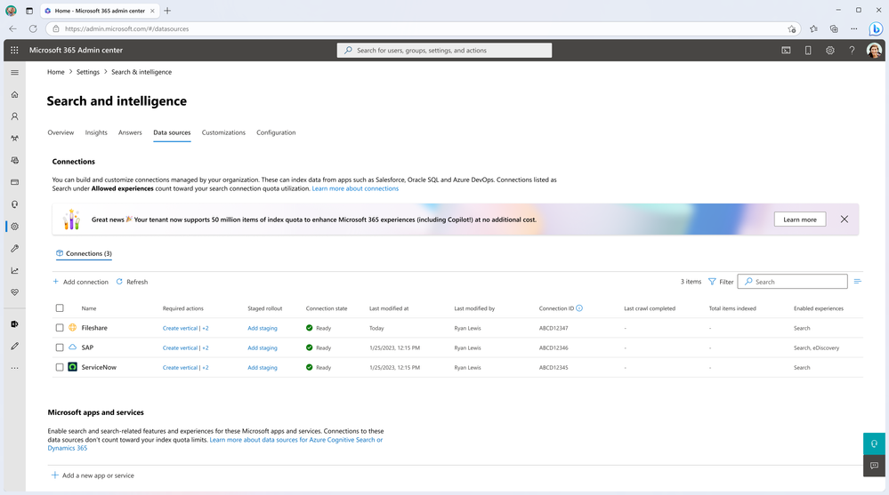 Quota update notification in Microsoft 365 Admin center – Search & Intelligence portal