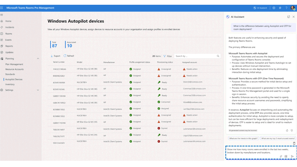 A gif demonstrating the AI assistant in the Teams Rooms Pro Management portal.