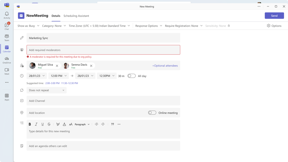 A meeting scheduling window with a highlighted field noting that this meeting requires a moderator.