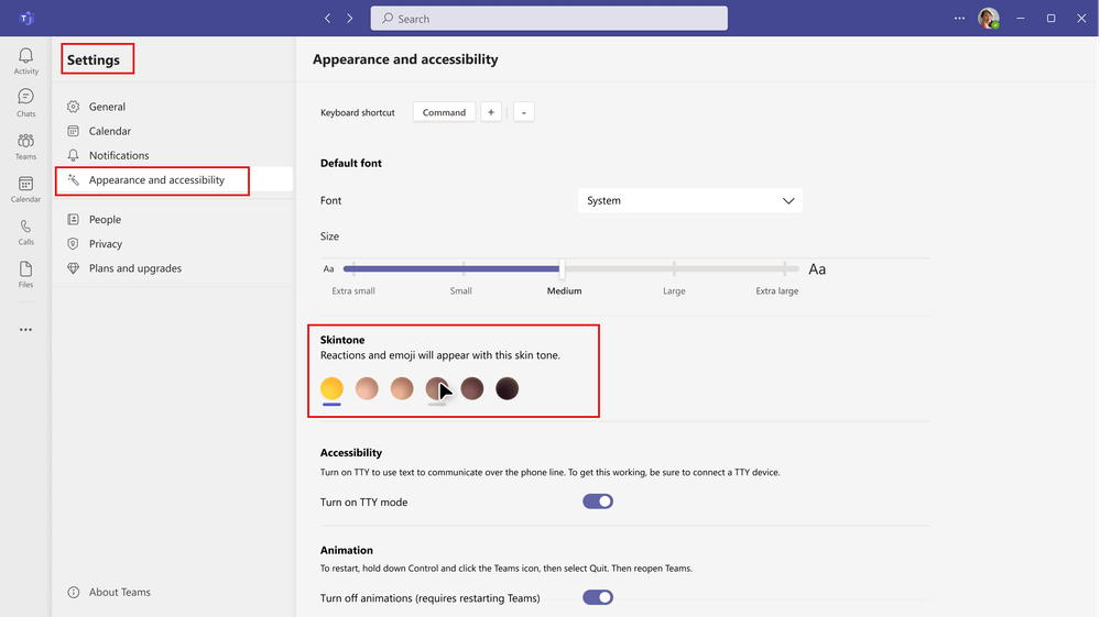 The Settings area in Teams desktop where you can set your preferred skin tone that will display when using emojis and reactions.