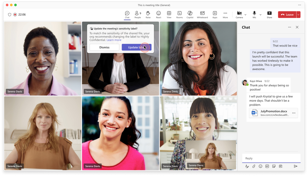 A Teams meeting window showing several people attending the meeting and a chat pane shows that a file has been shared. A popup notification on the screen says “Update the meeting’s sensitivity level?”