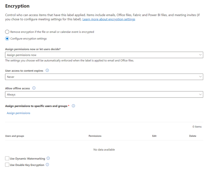 Screenshot showing the Purview compliance portal user interface, including an option to use dynamic watermarks.