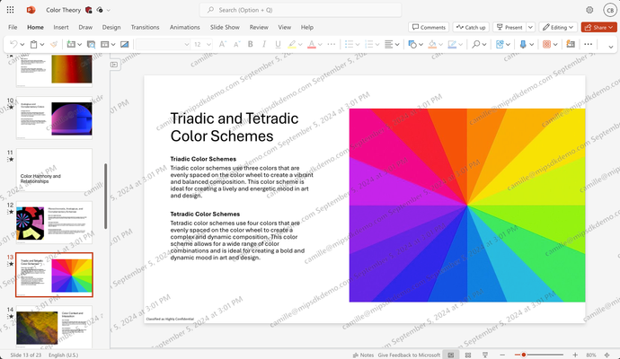 Screenshot of the PowerPoint user interface showing a presentation with diagonally tiled watermarks containing the user's email address and the date overlaid on the screen