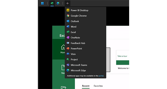 Screenshot of the Remote App Launcher dropdown menu from the toolbar in Windows App on web.