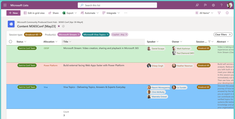 As you filter items across one or more columns, you'll see all applied filters appear in the upper-left above your list.